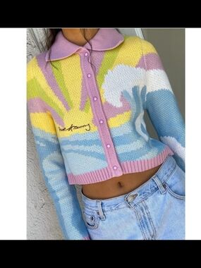 House of Sunny Pastel Sunrise Cropped Cardigan - Pink, Blue & Yellow